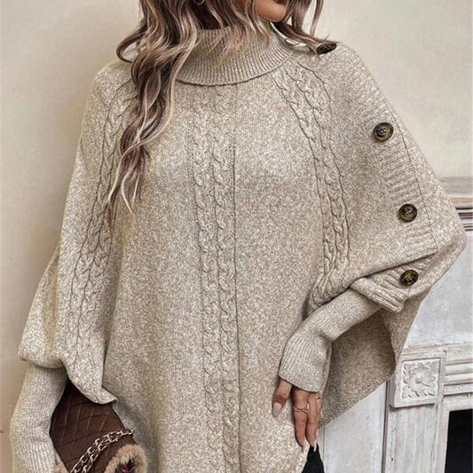 Kabelgebreide Poncho Trui met Col en Decoratieve Knopen