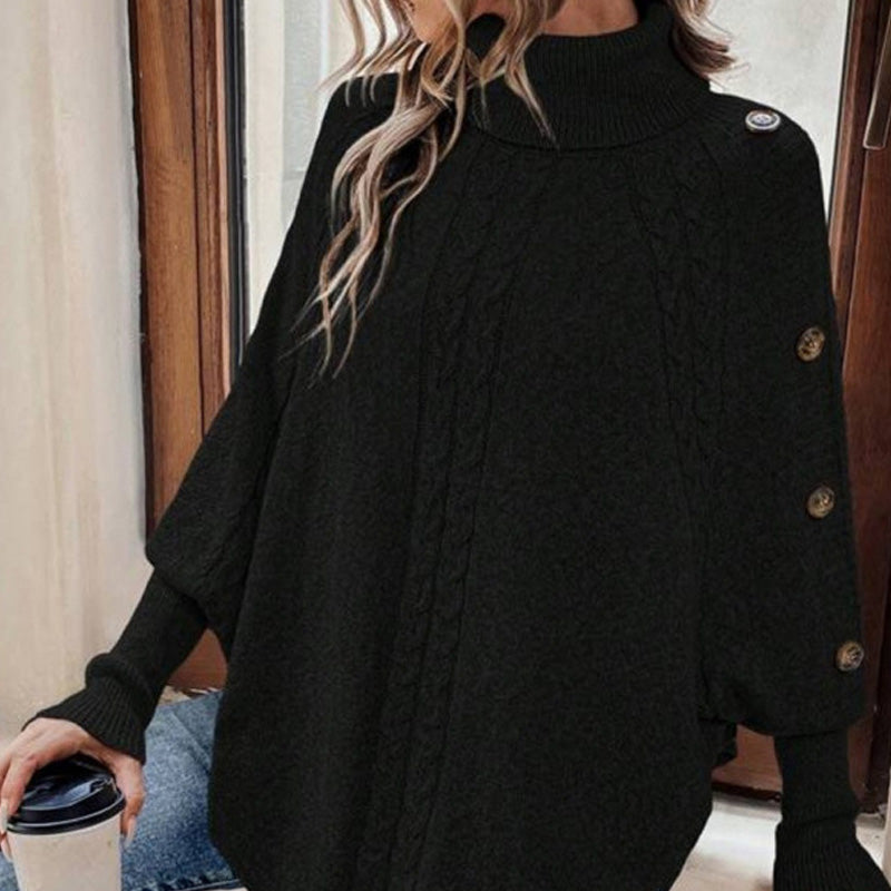 Kabelgebreide Poncho Trui met Col en Decoratieve Knopen-5