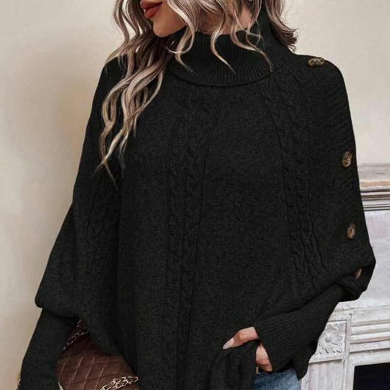 Kabelgebreide Poncho Trui met Col en Decoratieve Knopen-4