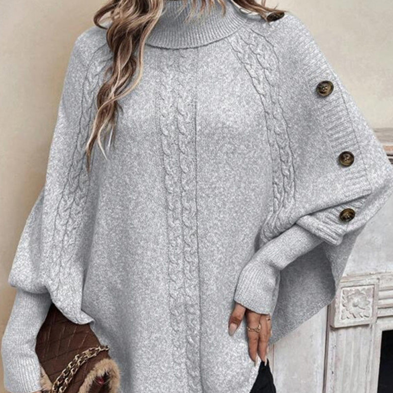 Kabelgebreide Poncho Trui met Col en Decoratieve Knopen-6