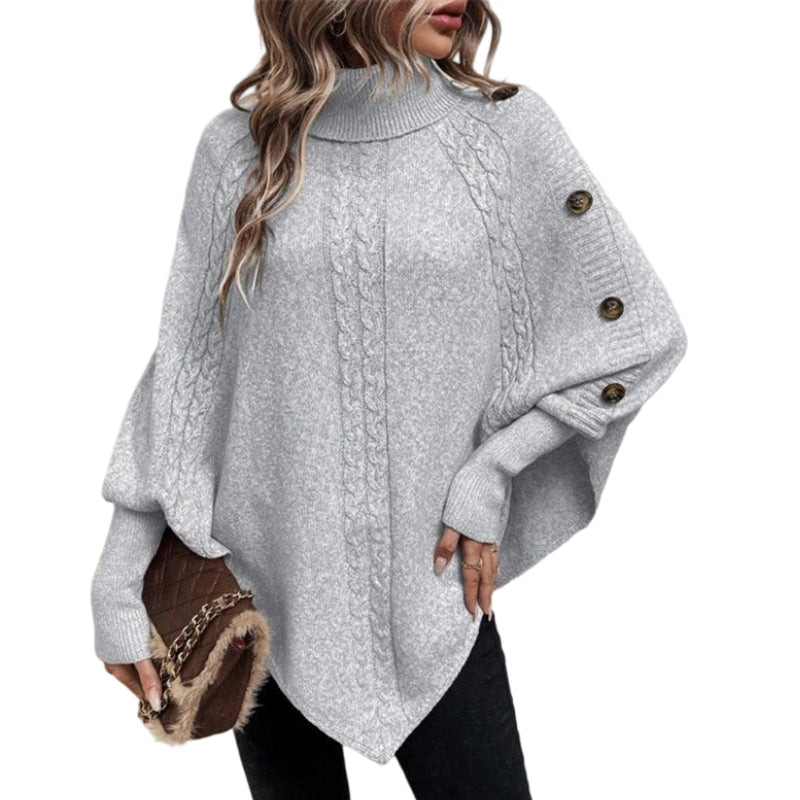 Kabelgebreide Poncho Trui met Col en Decoratieve Knopen-11