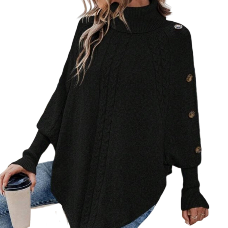 Kabelgebreide Poncho Trui met Col en Decoratieve Knopen-10