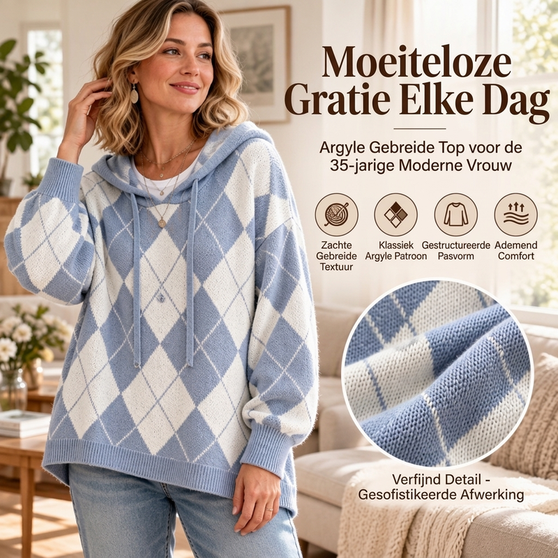 Gebreide Hoodie met Argyle Ruitpatroon en Relaxte Pasvorm