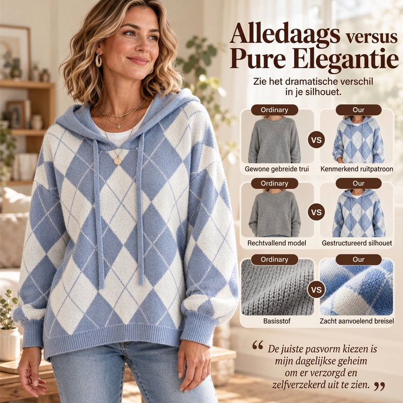 Gebreide Hoodie met Argyle Ruitpatroon en Relaxte Pasvorm-3