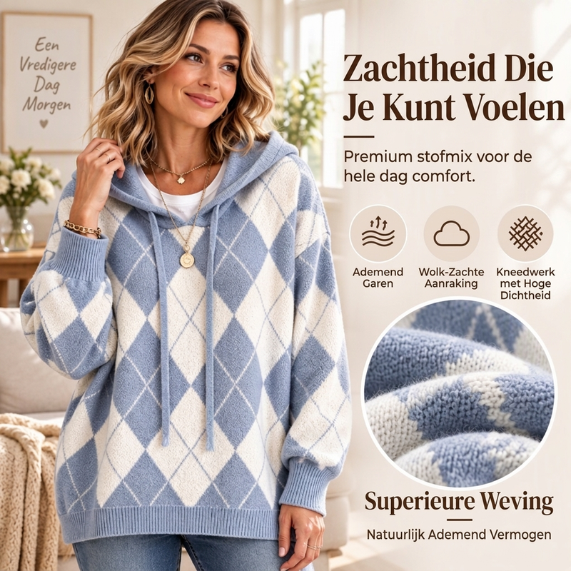 Gebreide Hoodie met Argyle Ruitpatroon en Relaxte Pasvorm-4