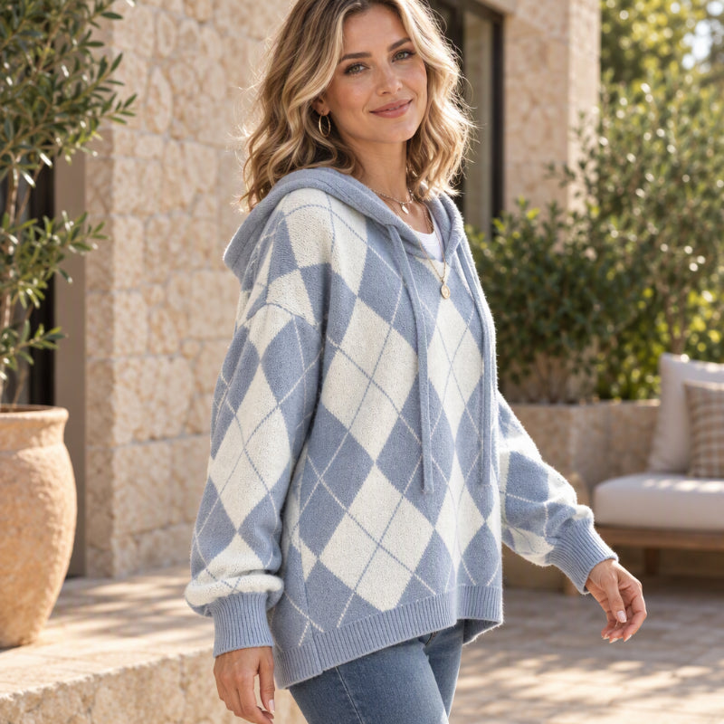 Gebreide Hoodie met Argyle Ruitpatroon en Relaxte Pasvorm-7