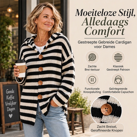 Gestreepte Gebreide Cardigan met Capuchon en Knoopsluiting