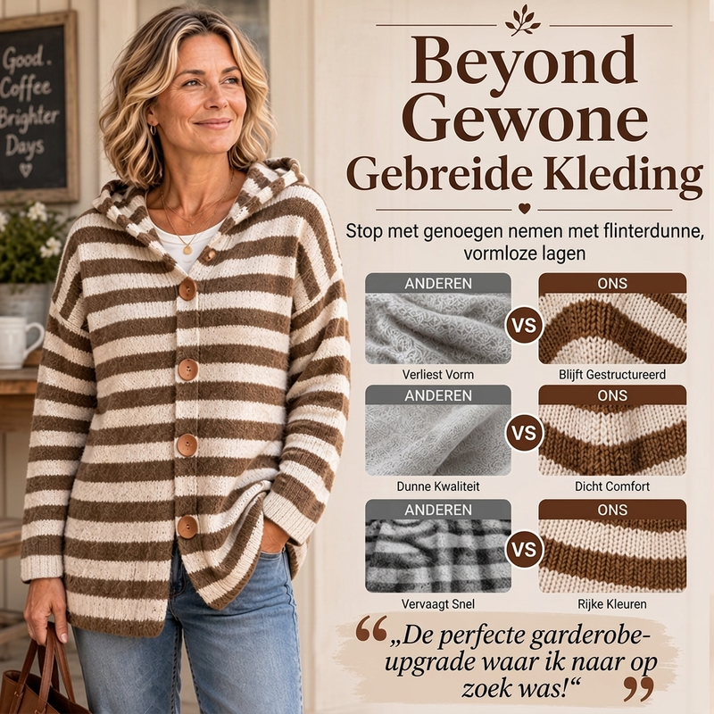 Gestreepte Gebreide Cardigan met Capuchon en Knoopsluiting-2