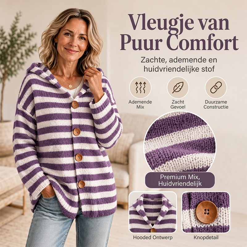Gestreepte Gebreide Cardigan met Capuchon en Knoopsluiting-3