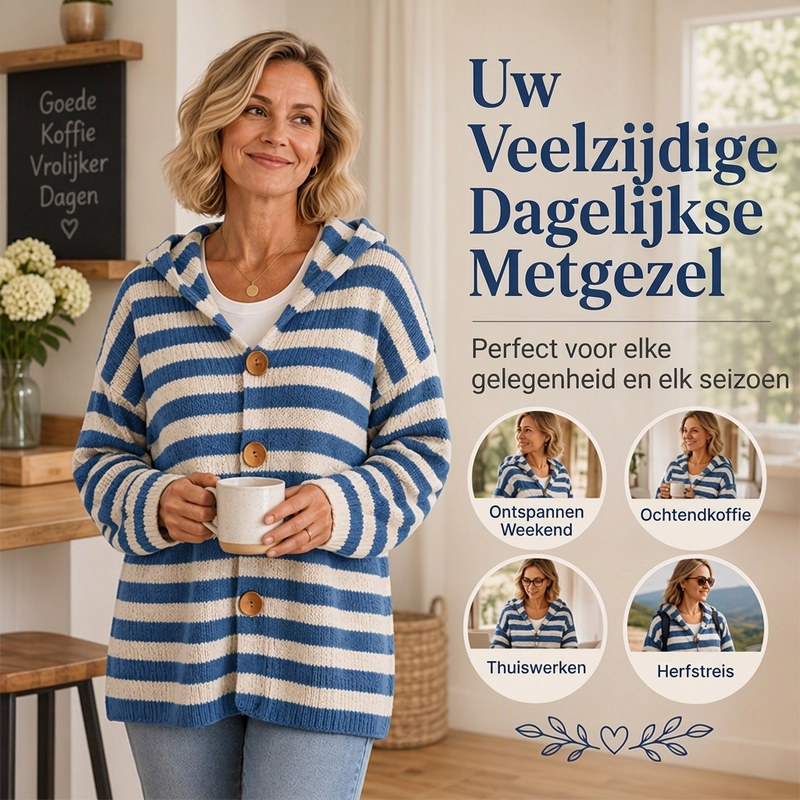 Gestreepte Gebreide Cardigan met Capuchon en Knoopsluiting-4