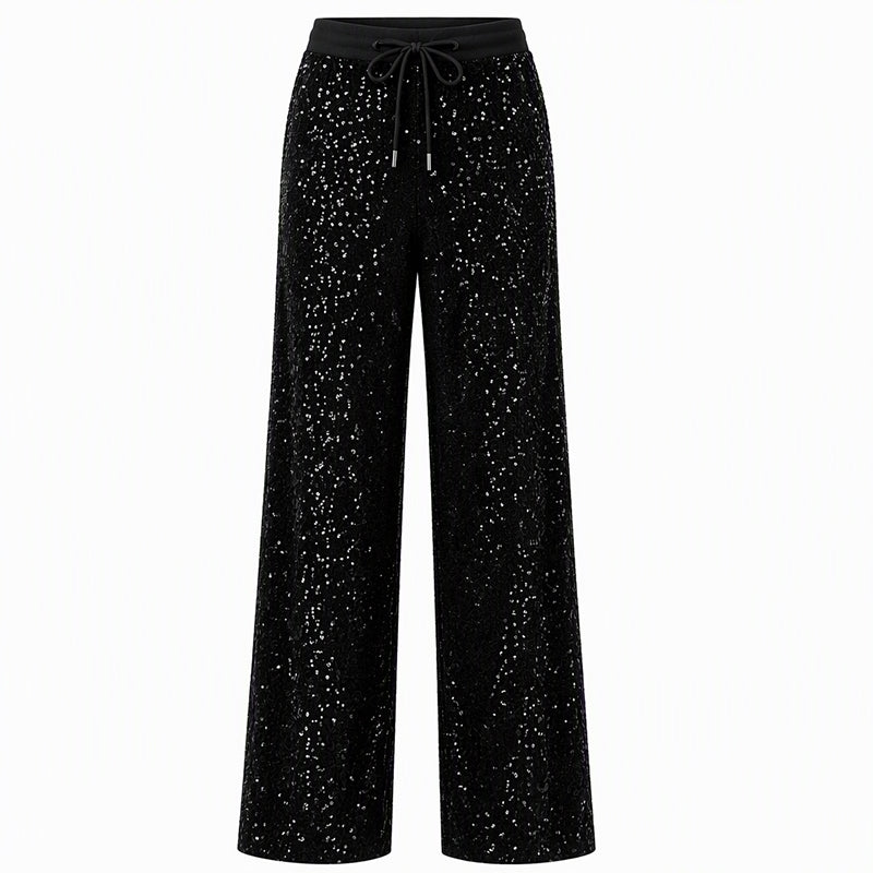 Wijde paillettenbroek met elastische taille-11