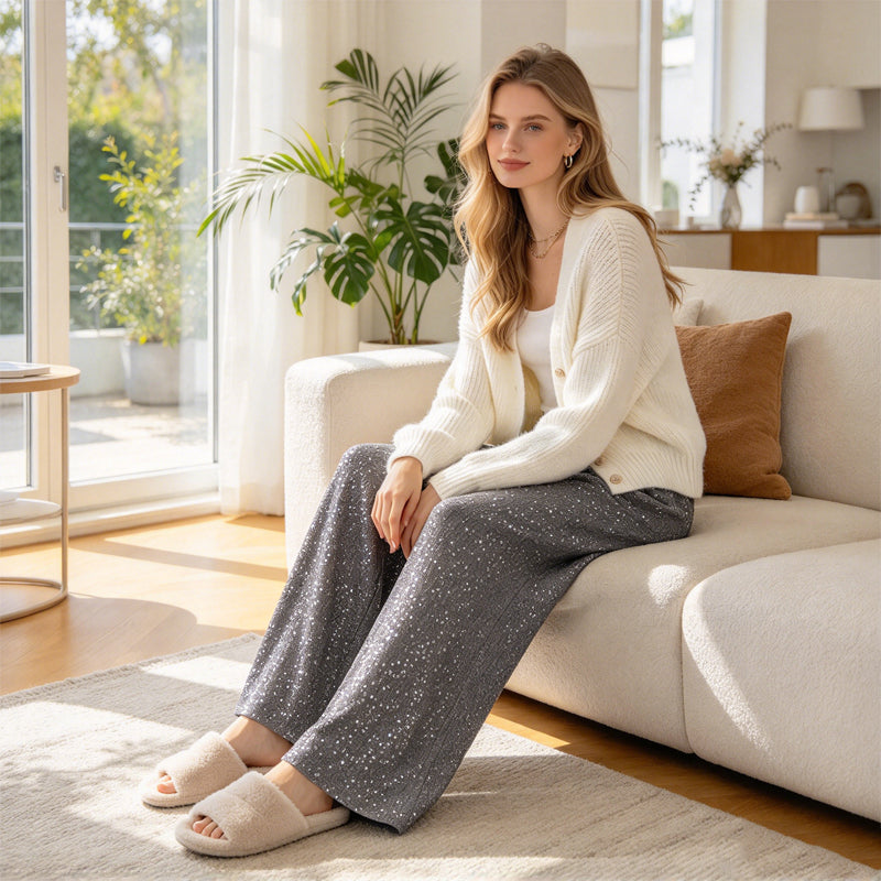 Wijde paillettenbroek met elastische taille-9