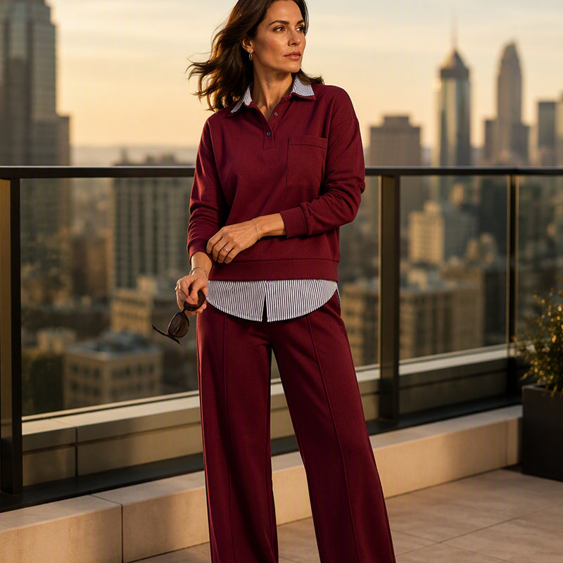 Elegante 2-Delige Gebreide Set met Gelaagde Look en Wijde Pijpen-10