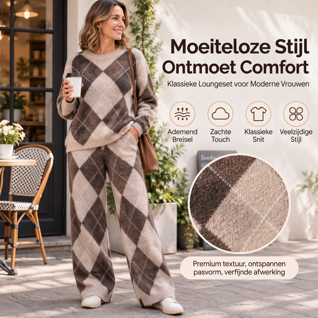 Elegante 2-Delige Gebreide Lounge Set met Ruitpatroon en Wijde Pijpen