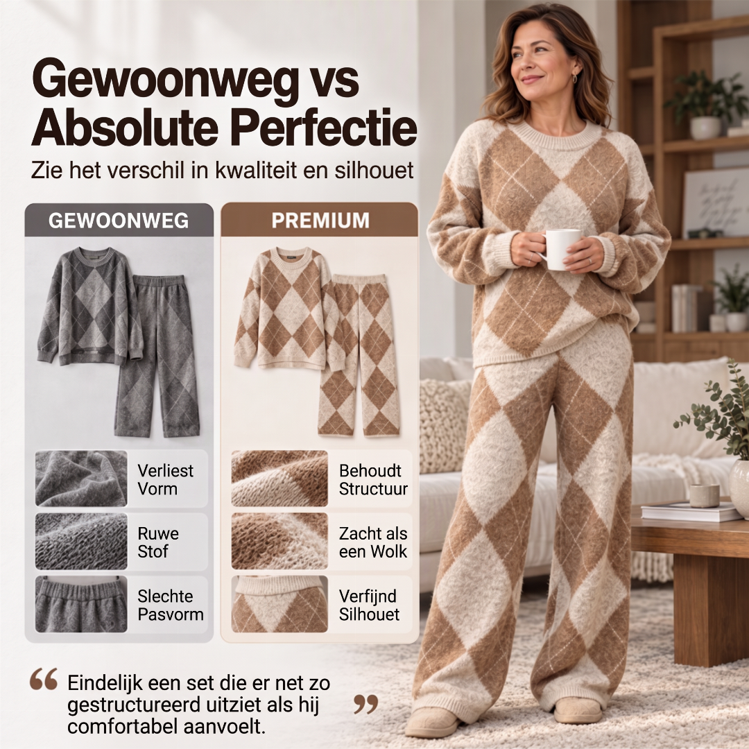Elegante 2-Delige Gebreide Lounge Set met Ruitpatroon en Wijde Pijpen-2