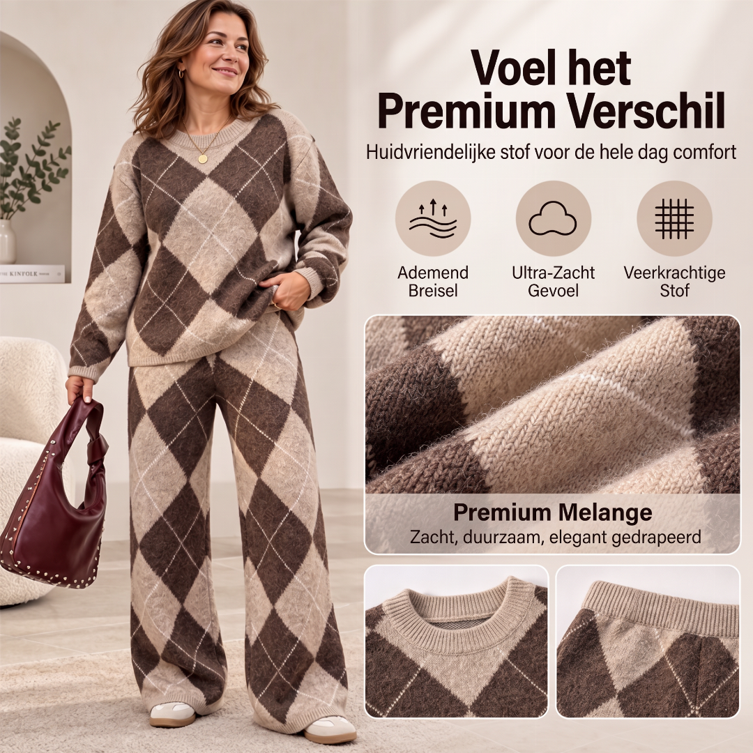 Elegante 2-Delige Gebreide Lounge Set met Ruitpatroon en Wijde Pijpen-3