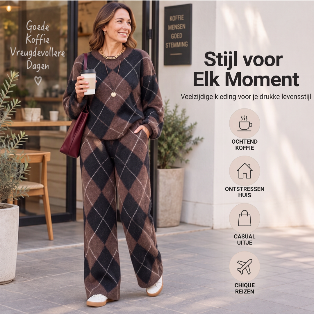 Elegante 2-Delige Gebreide Lounge Set met Ruitpatroon en Wijde Pijpen-4