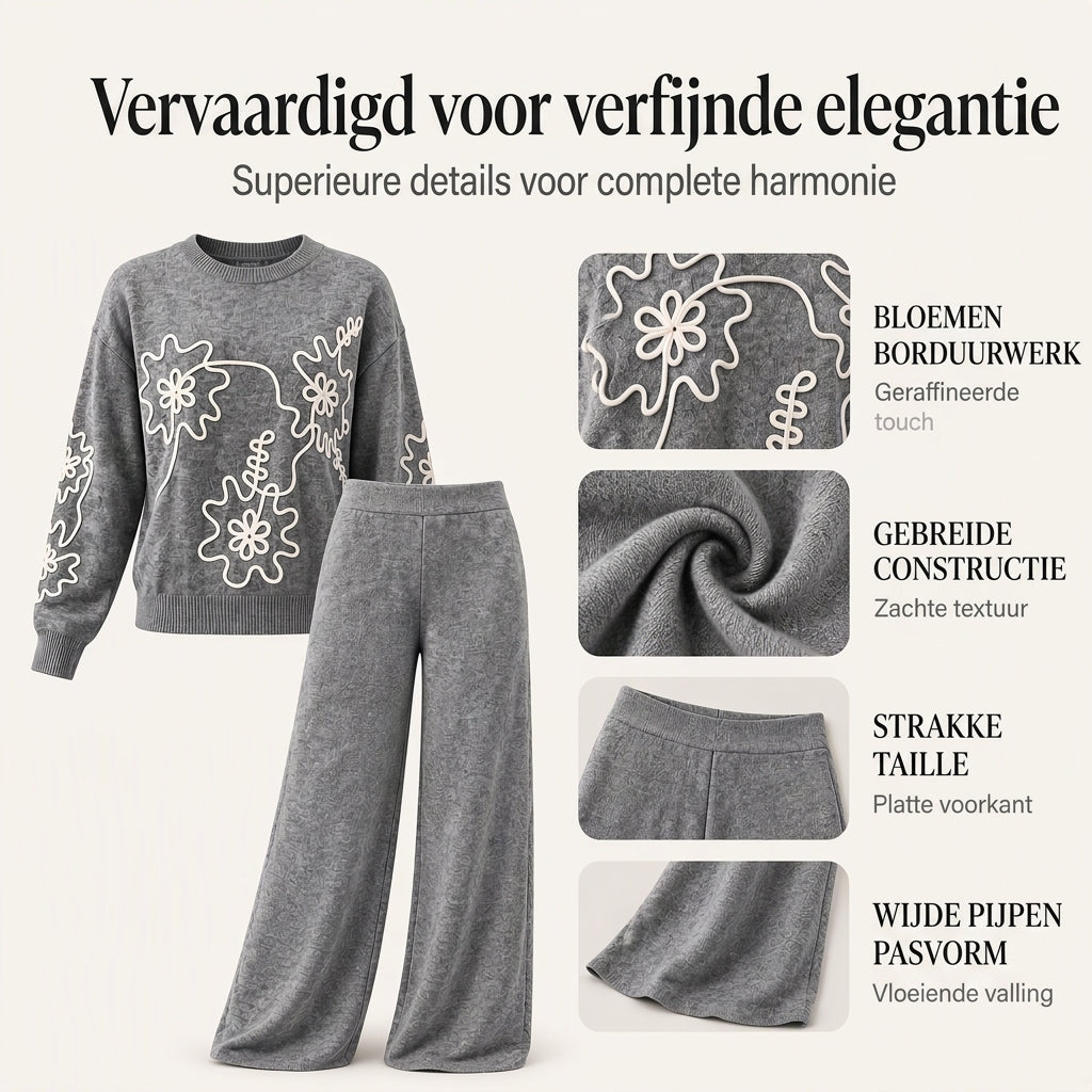 2-Delige Gebreide Lounge Set met Bloemenborduurwerk en Wijde Pijpen-1