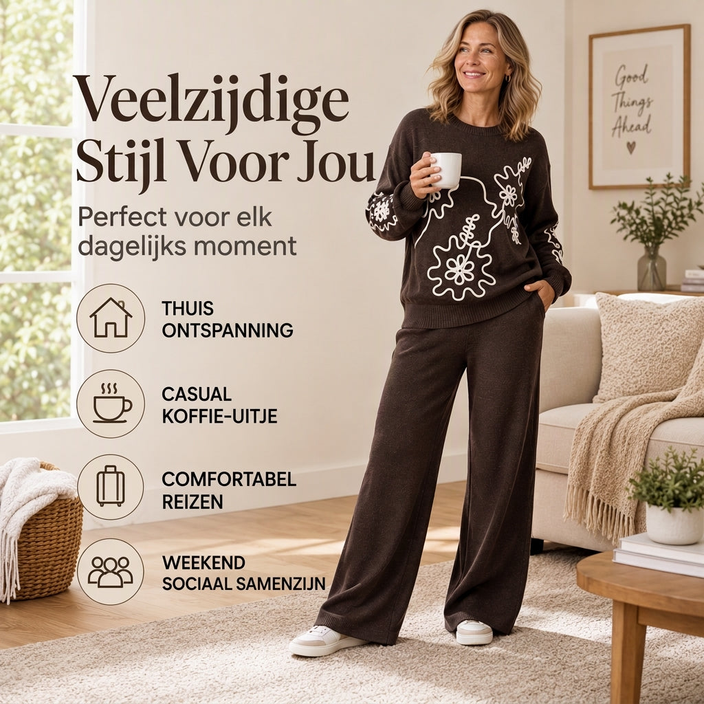 2-Delige Gebreide Lounge Set met Bloemenborduurwerk en Wijde Pijpen-4