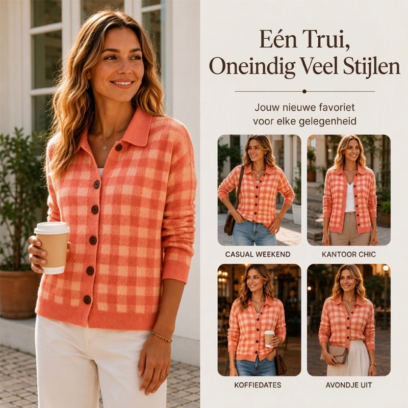 Oversized Geruite Gebreide Cardigan met Kraag en Knoopsluiting-4