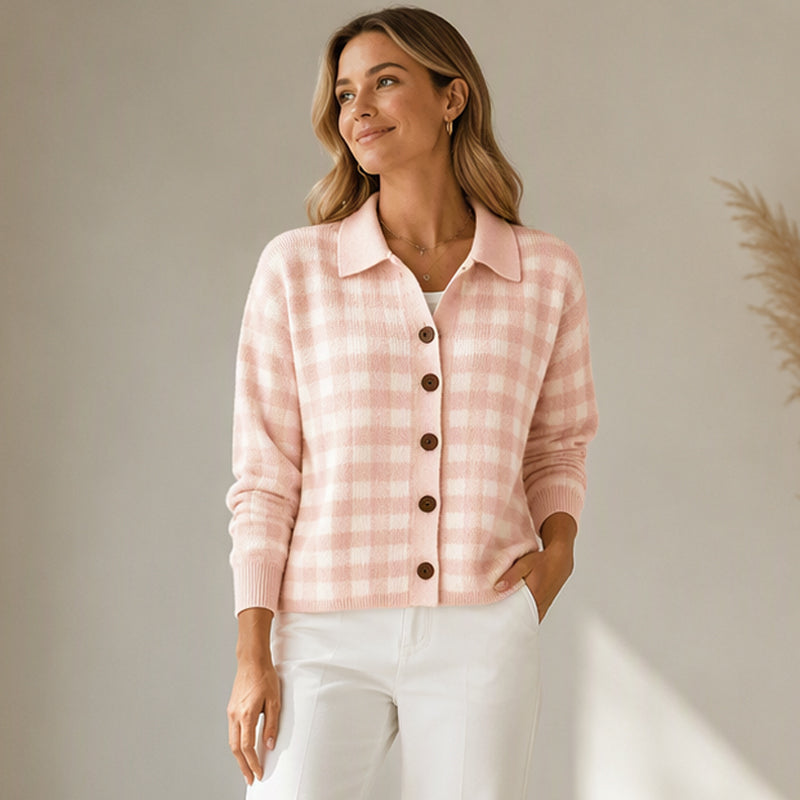 Oversized Geruite Gebreide Cardigan met Kraag en Knoopsluiting-7