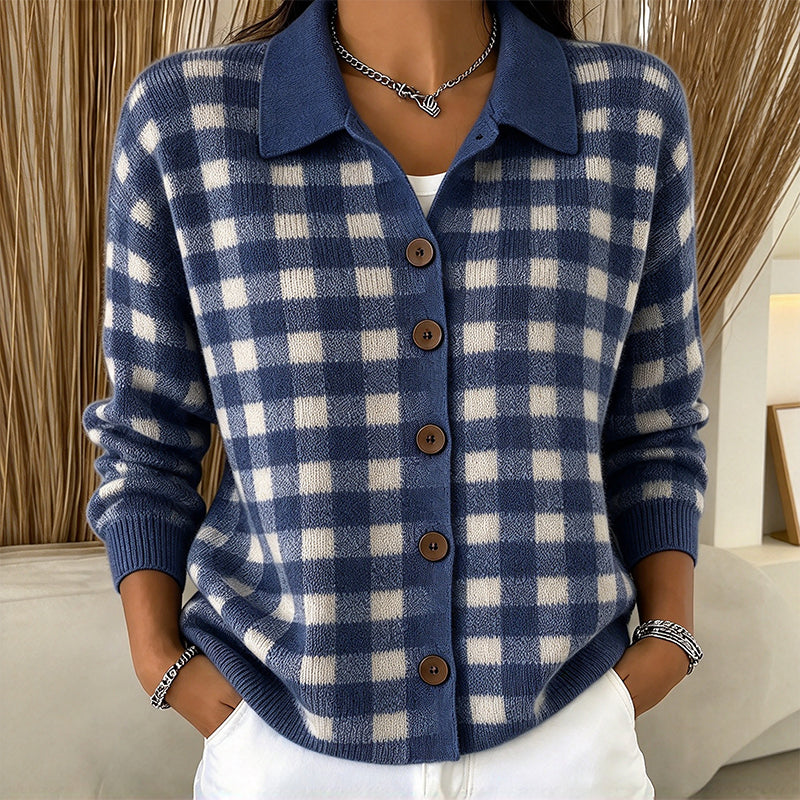 Oversized Geruite Gebreide Cardigan met Kraag en Knoopsluiting-12