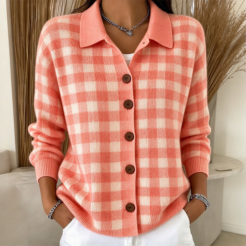 Oversized Geruite Gebreide Cardigan met Kraag en Knoopsluiting-9