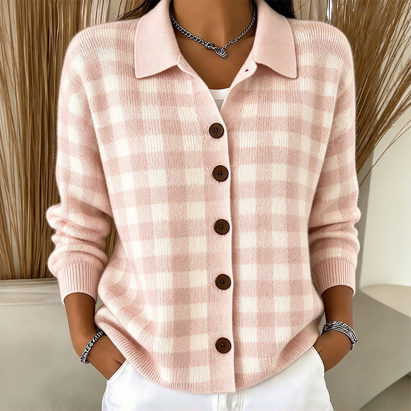 Oversized Geruite Gebreide Cardigan met Kraag en Knoopsluiting-11
