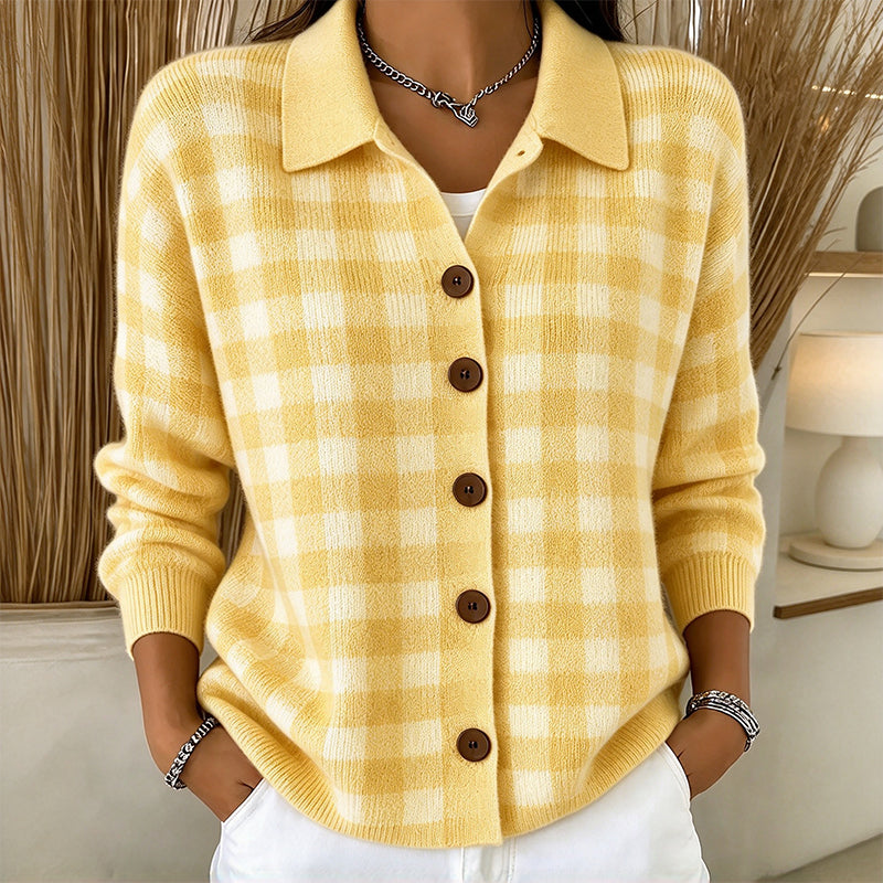 Oversized Geruite Gebreide Cardigan met Kraag en Knoopsluiting-13