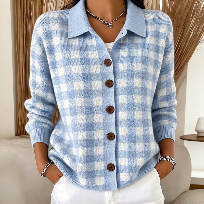 Oversized Geruite Gebreide Cardigan met Kraag en Knoopsluiting-14
