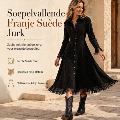 Elegante Suède-Look Jurk met Franjes en Knoopsluiting