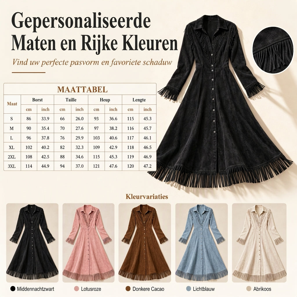 Elegante Suède-Look Jurk met Franjes en Knoopsluiting-7