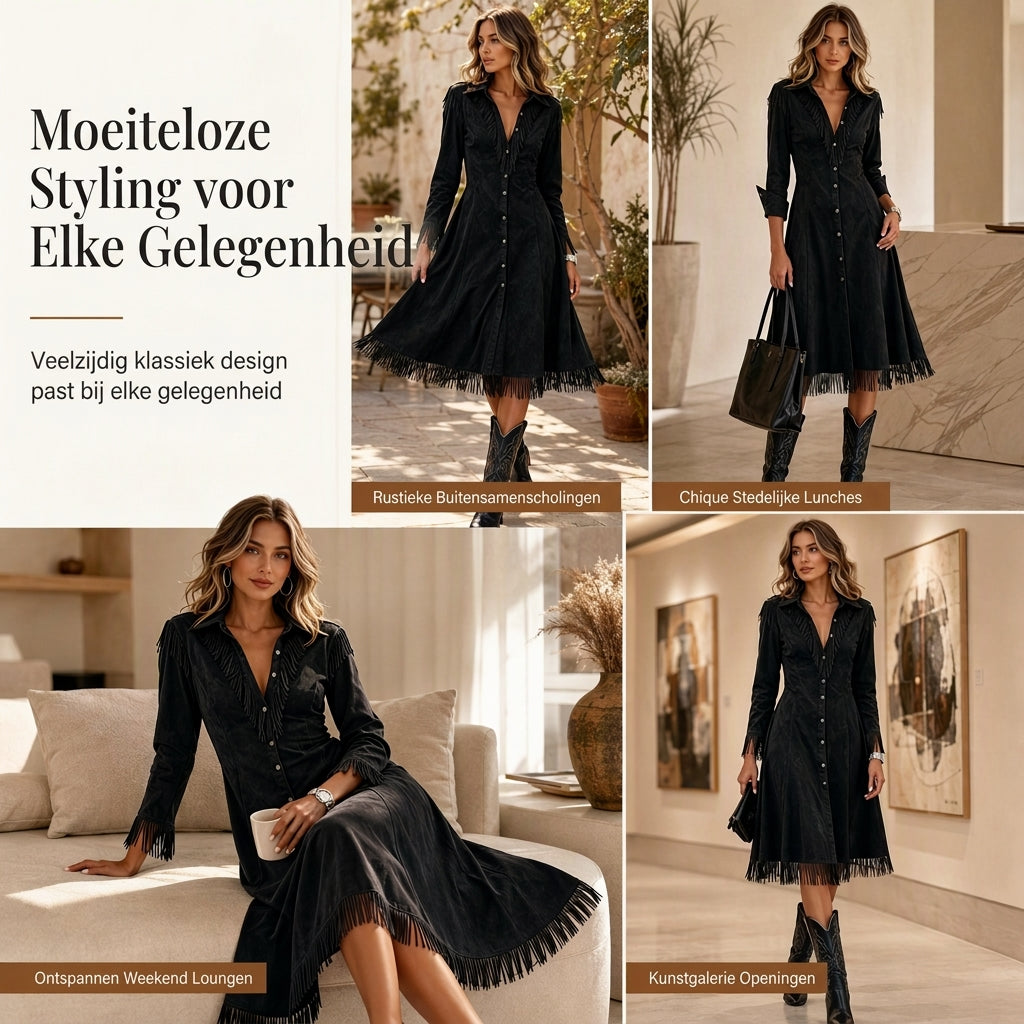 Elegante Suède-Look Jurk met Franjes en Knoopsluiting-6