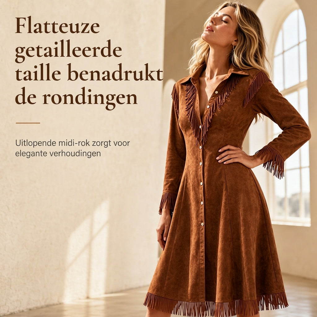 Elegante Suède-Look Jurk met Franjes en Knoopsluiting-3