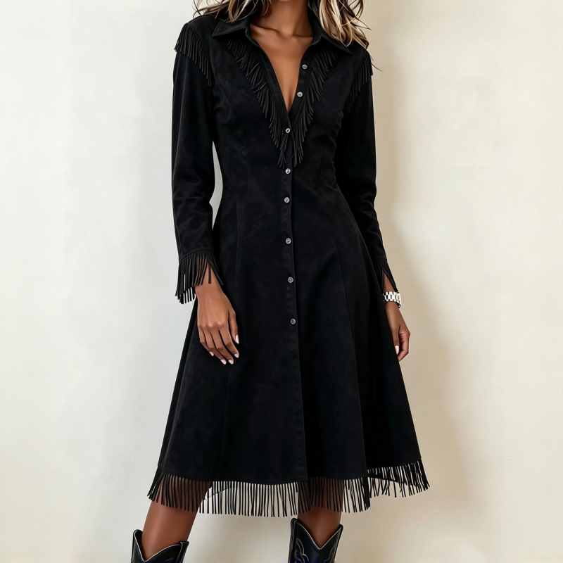 Elegante Suède-Look Jurk met Franjes en Knoopsluiting-10
