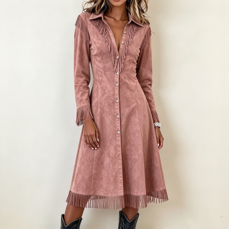 Elegante Suède-Look Jurk met Franjes en Knoopsluiting-9