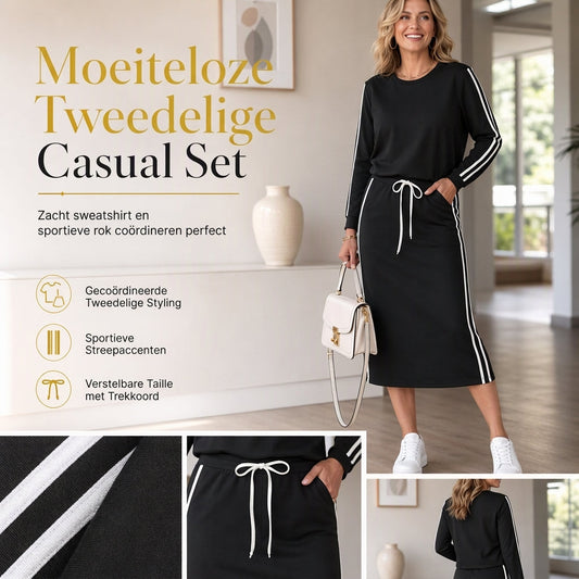 2-Delige Casual Set met Sweatshirt en Midi Rok met Zijstrepen