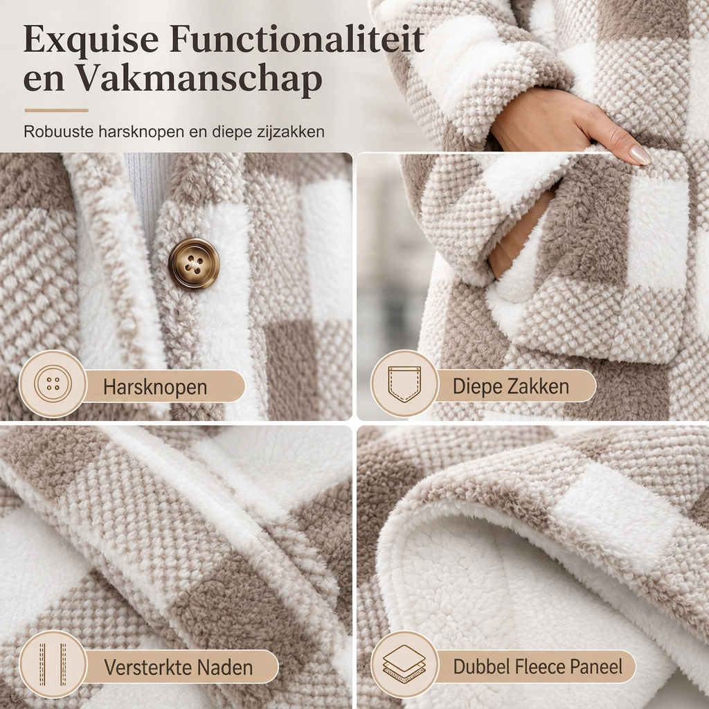 Warme Geruite Teddy Jas met Capuchon, Knoopsluiting en Zakken-3