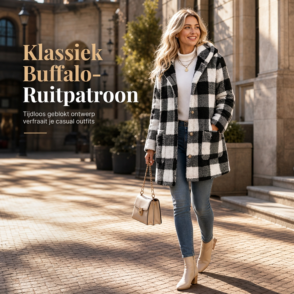 Warme Geruite Teddy Jas met Capuchon, Knoopsluiting en Zakken-1