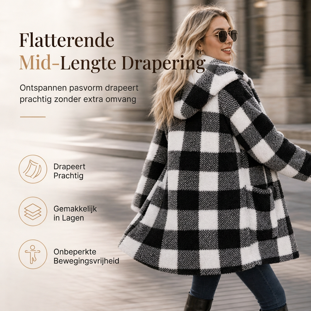 Warme Geruite Teddy Jas met Capuchon, Knoopsluiting en Zakken-4