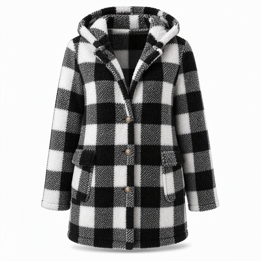 Warme Geruite Teddy Jas met Capuchon, Knoopsluiting en Zakken-10