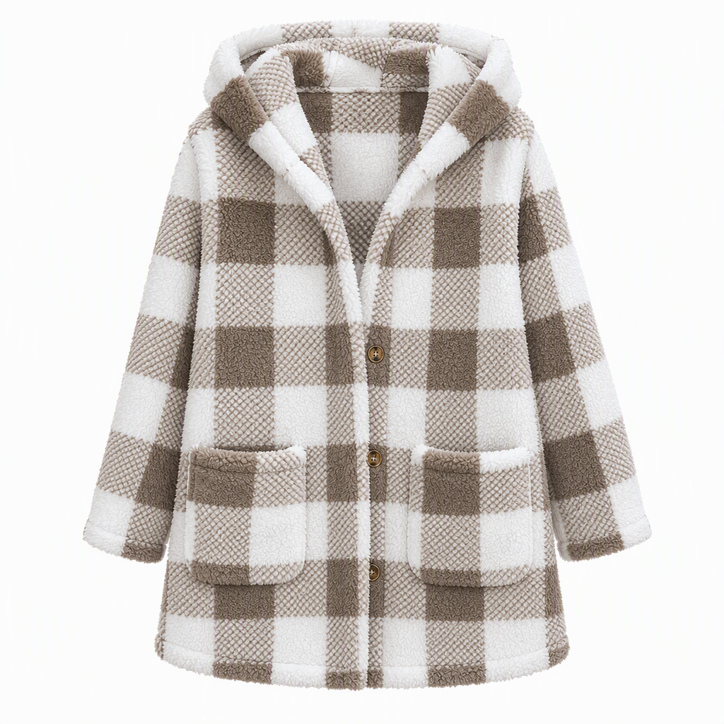 Warme Geruite Teddy Jas met Capuchon, Knoopsluiting en Zakken-9