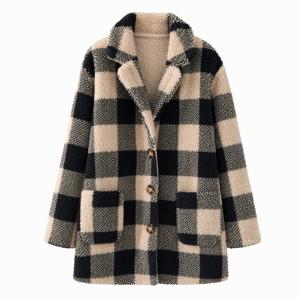 Warme Geruite Teddy Jas met Capuchon, Knoopsluiting en Zakken-8