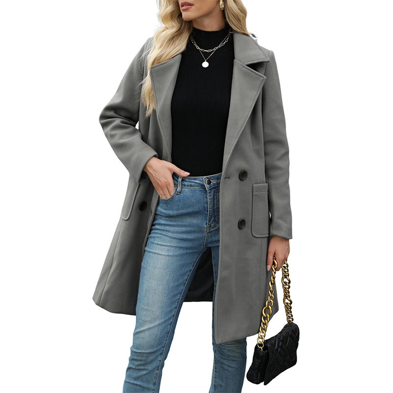 Elegante Lange Wolmix Mantel met Dubbele Knoopsluiting-17