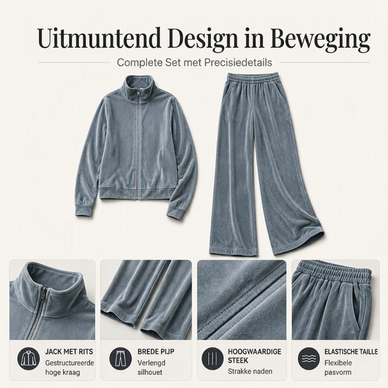 Elegante 2-Delige Fluwelen Lounge Set met Ritssluiting en Wijde Pijpen-1