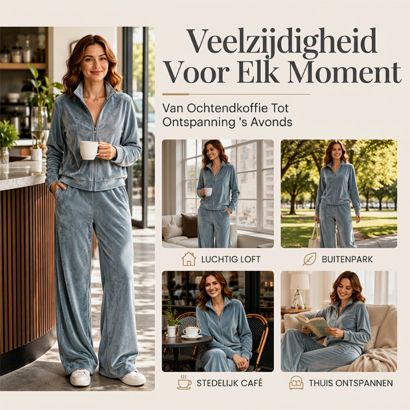 Elegante 2-Delige Fluwelen Lounge Set met Ritssluiting en Wijde Pijpen-4