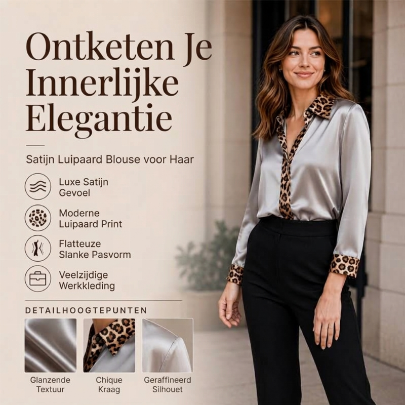 Elegante Satijnen Blouse met Luipaardkraag en Contrastmanchetten