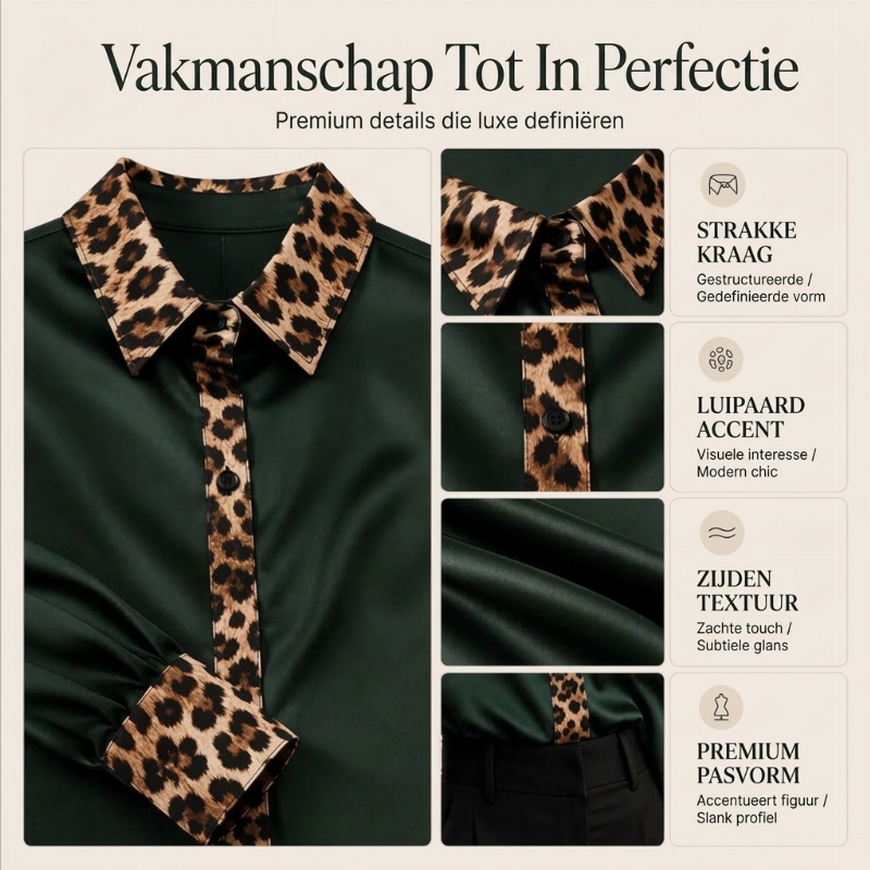 Elegante Satijnen Blouse met Luipaardkraag en Contrastmanchetten-1