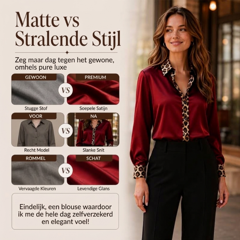 Elegante Satijnen Blouse met Luipaardkraag en Contrastmanchetten-2