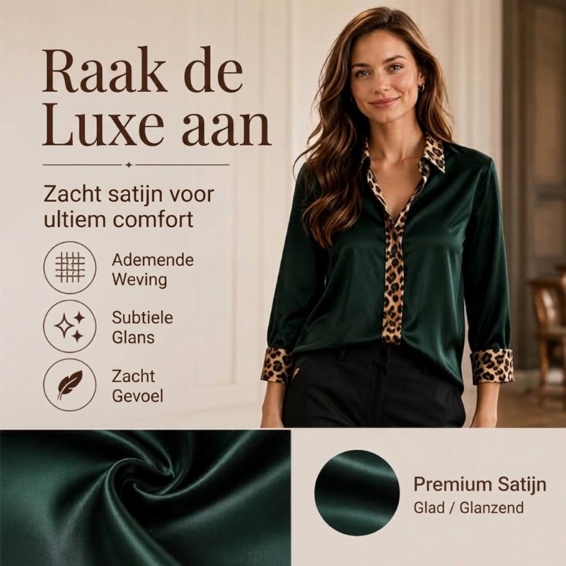 Elegante Satijnen Blouse met Luipaardkraag en Contrastmanchetten-3